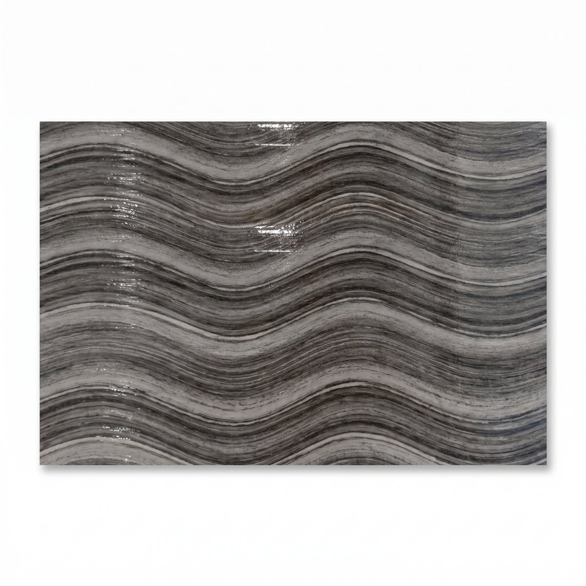 Ocean Wave Charcoal Glossy 6x24 porcelain surface texture and color detail.